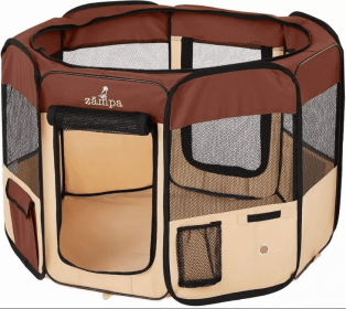 Zampa Portable Foldable Pet playpen Exercise Pen Kennel + Carrying Case (Color: Brown, size: Extra Small (29"x29"x17"))